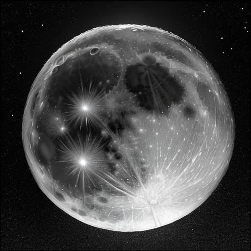 32k UHD portrait of moon view from Earth, (full moon), bright stars, visible details, flying comet, ((Dan Matuto style))
