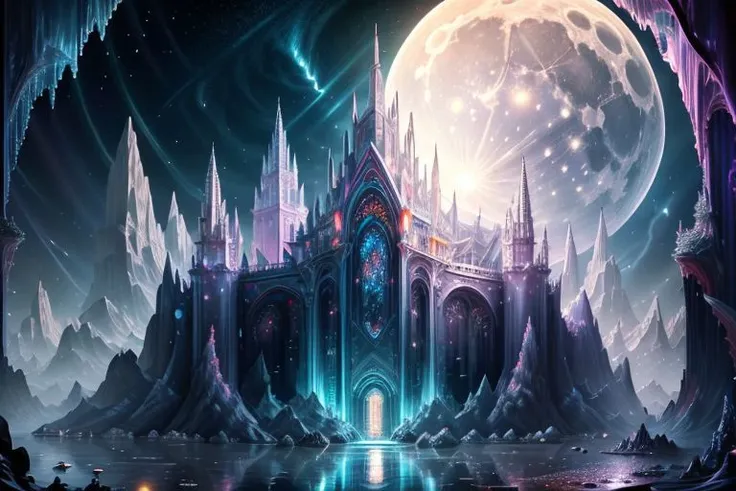 very high resolution, masterpiece, (hyper quality), highly detailed illustration, digital art, digital painting, vivid color, scenic, realistic, tremendous Black Crystal Palace, hidden deep within the cavern's embrace, iridescent walls refracting ambient moon light, glowing, from above,