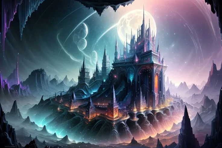 very high resolution, masterpiece, (hyper quality), highly detailed illustration, digital art, digital painting, vivid color, scenic, realistic, tremendous Black Crystal Palace, hidden deep within the cavern's embrace, iridescent walls refracting ambient moon light, glowing, from above,
