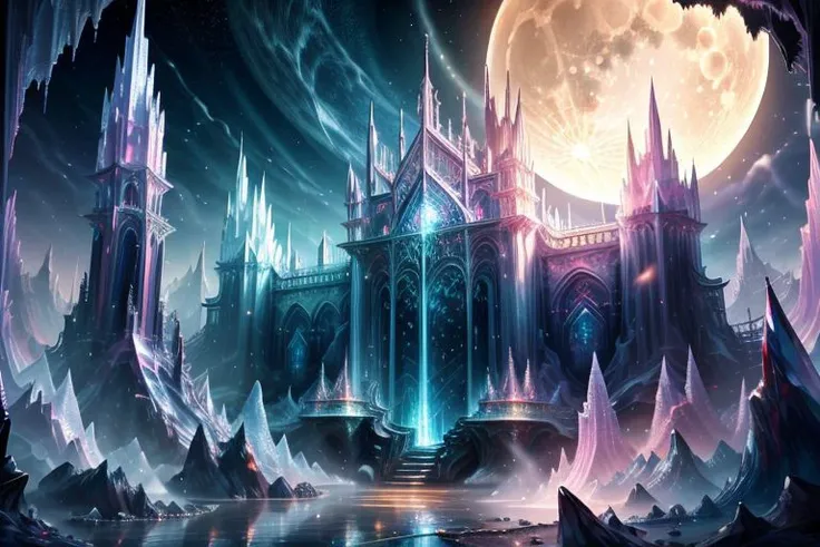 very high resolution, masterpiece, (hyper quality), highly detailed illustration, digital art, digital painting, vivid color, scenic, realistic, tremendous Black Crystal Palace, hidden deep within the cavern's embrace, iridescent walls refracting ambient moon light, glowing, from above,