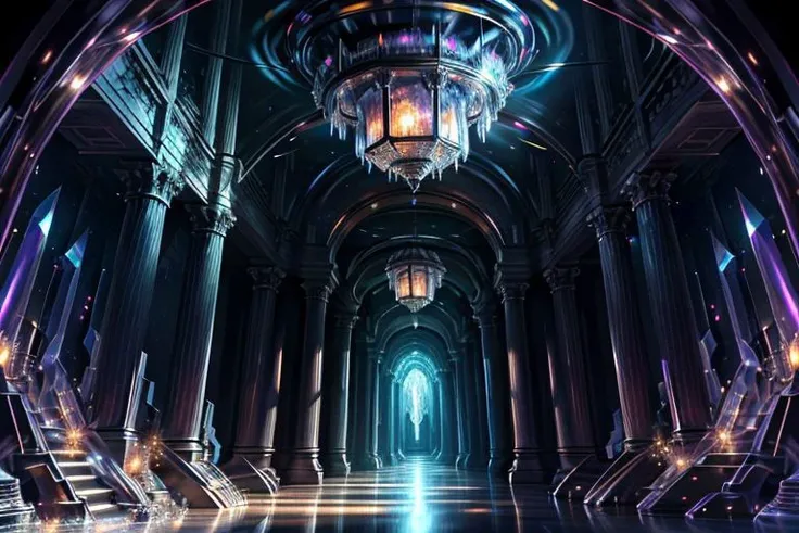 very high resolution, masterpiece, (hyper quality), highly detailed illustration, digital art, digital painting, vivid color, scenic, realistic, tremendous Black Crystal Palace, hallway made with black crystal, hidden deep within the cavern's embrace, iridescent walls refracting ambient moon light, glowing, from above,