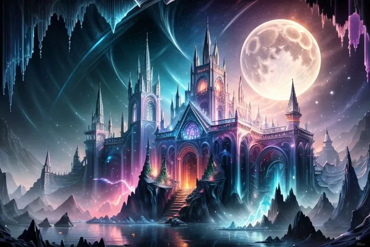 very high resolution, masterpiece, (hyper quality), highly detailed illustration, digital art, digital painting, vivid color, scenic, realistic, tremendous Black Crystal Palace, hidden deep within the cavern's embrace, iridescent walls refracting ambient moon light, glowing, from above,