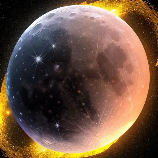 32k UHD portrait of moon view from Earth, (full moon), bright stars, visible details, flying comet, ((Waxy metalx style ))