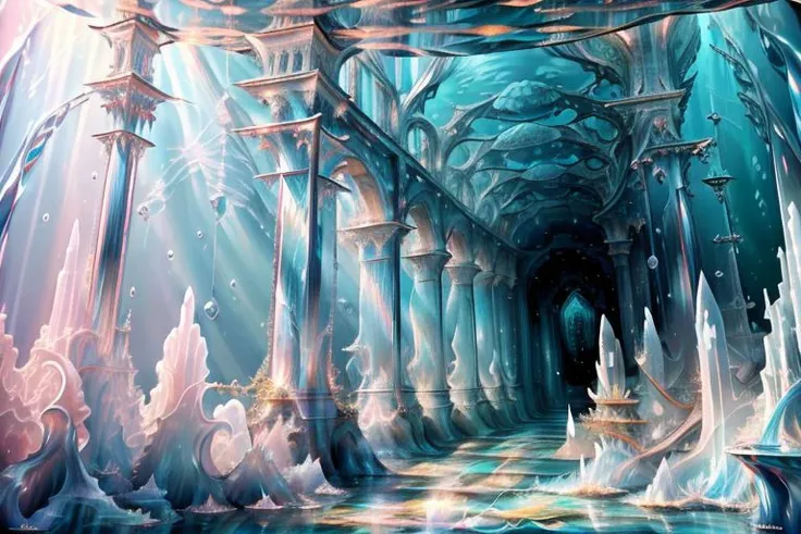 very high resolution, masterpiece, (hyper quality), highly detailed illustration, digital art, digital painting, vivid color, scenic, realistic, Underwater Crystal Palace, hidden deep within the ocean's embrace, iridescent walls refracting ambient marine light, blue, ((ocean depths)), glowing, (deep underwater), from above, atlantis, water bubbles,