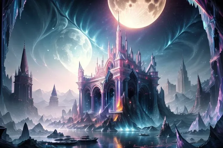 very high resolution, masterpiece, (hyper quality), highly detailed illustration, digital art, digital painting, vivid color, scenic, realistic, tremendous Black Crystal Palace, hidden deep within the cavern's embrace, iridescent walls refracting ambient moon light, glowing, from above,