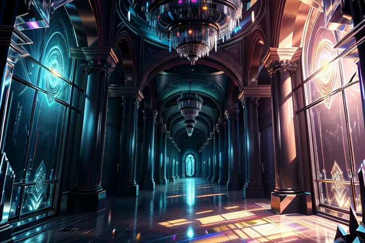 very high resolution, masterpiece, (hyper quality), highly detailed illustration, digital art, digital painting, vivid color, scenic, realistic, tremendous Black Crystal Palace, hallway made with black crystal, hidden deep within the cavern's embrace, iridescent walls refracting ambient moon light, glowing, from above,