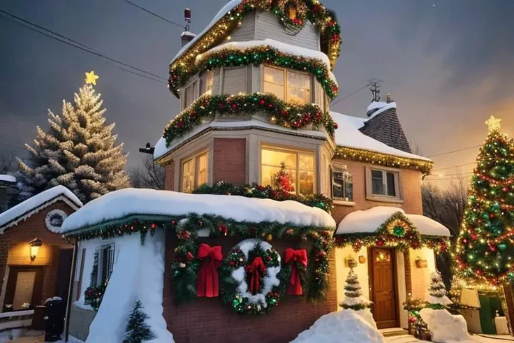 Describe in detail the atmosphere of Christmas which is full of warmth and joy. Picture beautiful Christmas decorations, the tempting smell of cookies, and the glow of Christmas lights. Include moments of family and friends together in a happy atmosphere. Be sure to add a touch of Christmas magic to the picture. At the top of the description, write a beautiful "Merry Christmas" that accompanies the joyful atmosphere