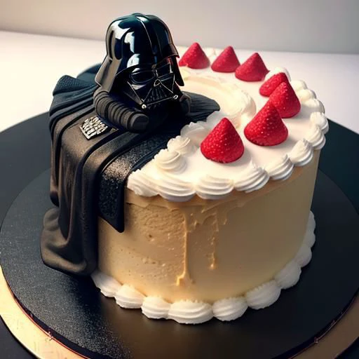 sculpted darth vader birthday cake. Professional photography, bokeh, natural lighting, canon lens, shot on dslr 64 megapixels sharp focus, deep color, photorealistic, fantastical, intricate detail, complementary colors, fantasy concept art, 8k resolution trending on Artstation Unreal Engine 5