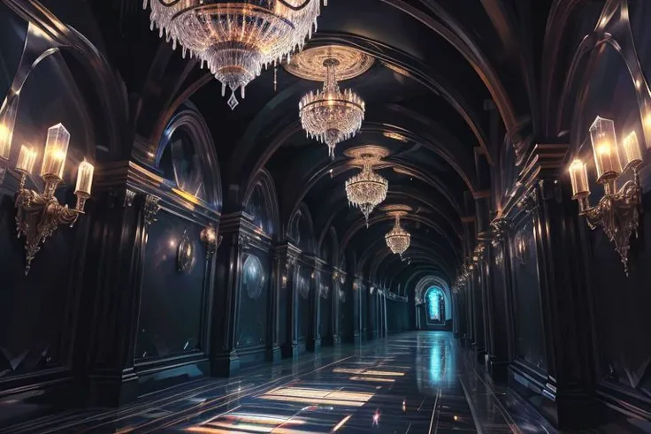 very high resolution, masterpiece, (hyper quality), highly detailed illustration, digital art, digital painting, vivid color, scenic, realistic, tremendous Black Crystal Palace, ((castle (hallway) made with black crystal)), iridescent walls refracting ambient moon light, glowing,
