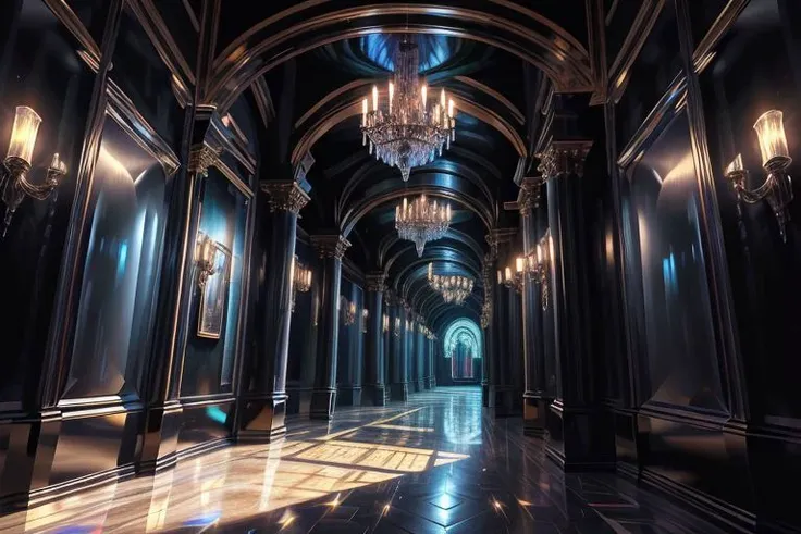 very high resolution, masterpiece, (hyper quality), highly detailed illustration, digital art, digital painting, vivid color, scenic, realistic, tremendous Black Crystal Palace, ((castle (hallway) made with black crystal)), iridescent walls refracting ambient moon light, glowing,