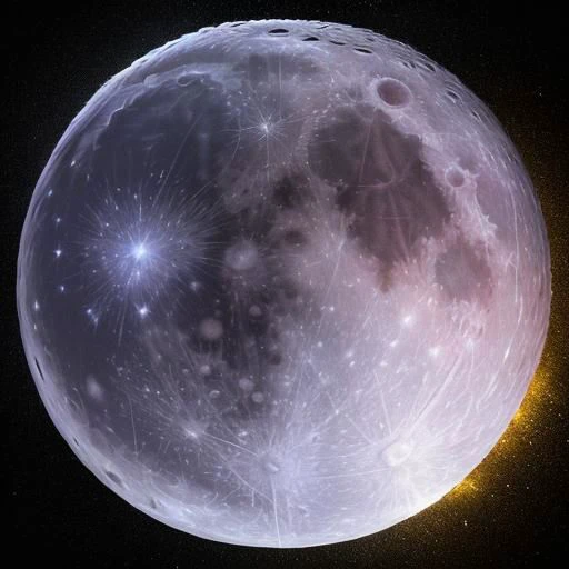 32k UHD portrait of moon view from Earth, (full moon), bright stars, visible details, flying comet, ((Physchadelic style ))