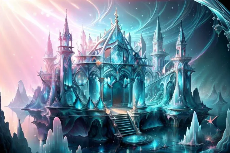 very high resolution, masterpiece, (hyper quality), highly detailed illustration, digital art, digital painting, vivid color, scenic, realistic, Underwater Crystal Palace, hidden deep within the ocean's embrace, iridescent walls refracting ambient marine light, blue, ((ocean depths)), glowing, (deep underwater), from above, atlantis, water bubbles,