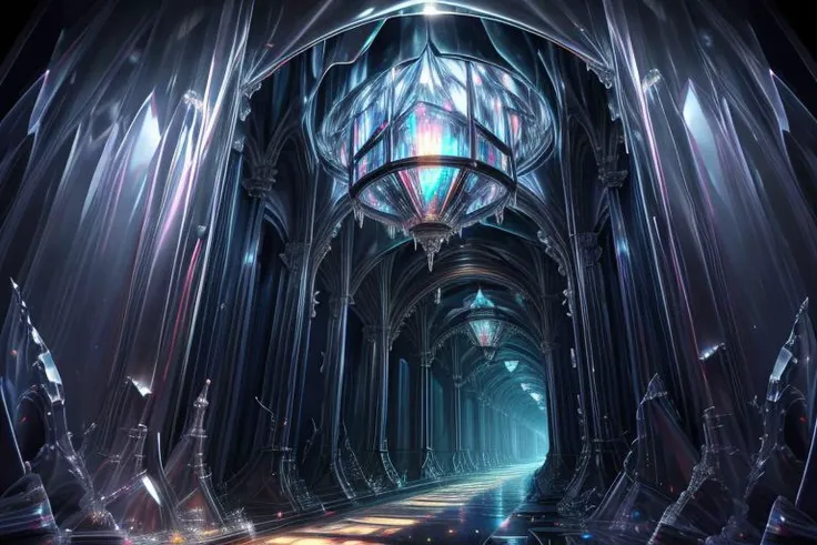 very high resolution, masterpiece, (hyper quality), highly detailed illustration, digital art, digital painting, vivid color, scenic, realistic, tremendous Black Crystal Palace, hallway made with black crystal, hidden deep within the cavern's embrace, iridescent walls refracting ambient moon light, glowing, from above,