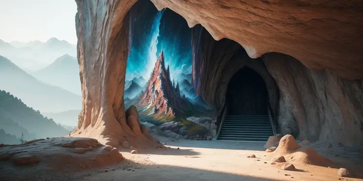 8K,UHD,HDR,highres,masterpiece,Highly detailed,
indoor,staircase,cave,
fantastic,mysterious,suspended and curled mountains,dongfang yuansu,strange and spectacular,the cave walls are inlaid with paintings,colorful paintings are hung on the curly mountain,magic painting,fantastic painting,ground painting,a huge scroll,the dreamy mountain in the picture scroll,fairyland,divine,bridge of time,reel,spiral mountain,curly mountain,