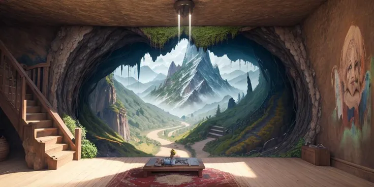 8K,UHD,HDR,highres,masterpiece,Highly detailed,
indoor,staircase,cave,
fantastic,mysterious,suspended and curled mountains,dongfang yuansu,strange and spectacular,the cave walls are inlaid with paintings,colorful paintings are hung on the curly mountain,magic painting,fantastic painting,ground painting,a huge scroll,the dreamy mountain in the picture scroll,fairyland,divine,bridge of time,reel,spiral mountain,curly mountain,