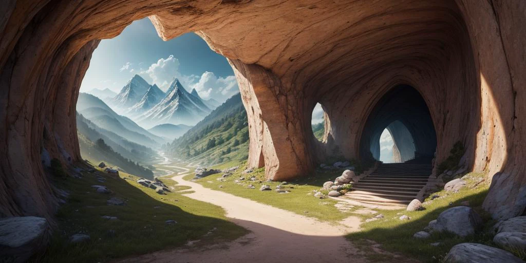 8K,UHD,HDR,highres,masterpiece,Highly detailed,
indoor,staircase,cave,
fantastic,mysterious,suspended and curled mountains,strange and spectacular,the cave walls are inlaid with paintings,colorful paintings are hung on the curly mountain,magic painting,fantastic painting,ground painting,a huge scroll,the dreamy mountain in the picture scroll,fairyland,divine,bridge of time,