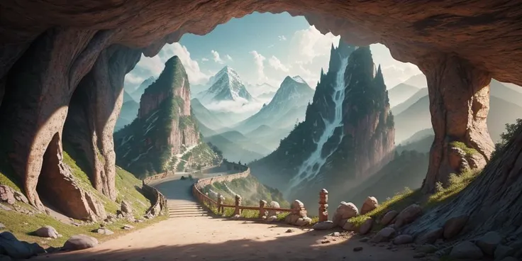 8K,UHD,HDR,highres,masterpiece,Highly detailed,
indoor,staircase,cave,
fantastic,mysterious,suspended and curled mountains,dongfang yuansu,strange and spectacular,the cave walls are inlaid with paintings,colorful paintings are hung on the curly mountain,magic painting,fantastic painting,ground painting,a huge scroll,the dreamy mountain in the picture scroll,fairyland,divine,bridge of time,reel,spiral mountain,curly mountain,