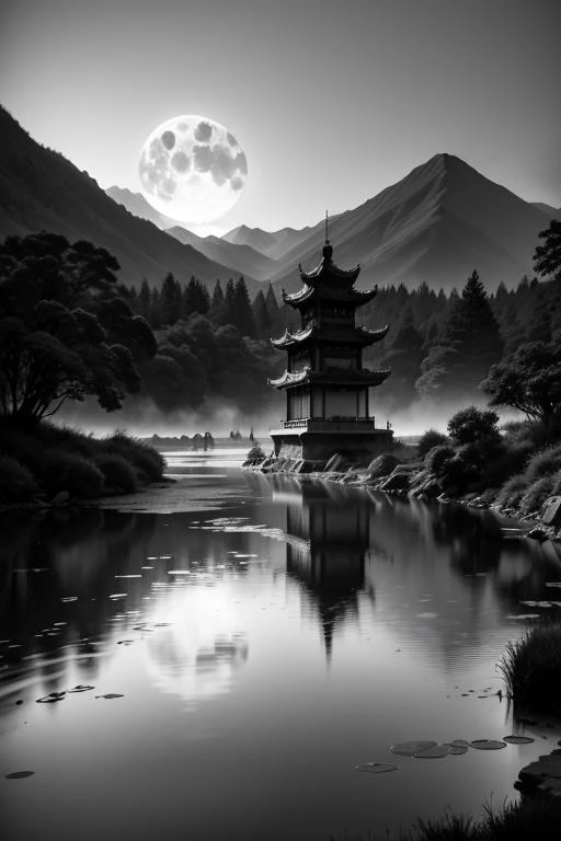 masterpiece,best quality,Chinese martial arts style,an asian night scene with lanterns and water lilies,asian pond with many lanterns and boatsa night scene with many lights and boats in the water, Lake surface, lotus flowers,beautiful night scene,(((Chinese martial arts style))), with vast sky, continuous mountains and steep cliffs, ink wash style, outline light, atmospheric atmosphere, depth of field, mist rising, bamboo, pine trees, octagonal stone pavilion, waterfall flowing water,big full moon,(No color) , Monochrome, light color,, (masterpiece,best quality:1.5)