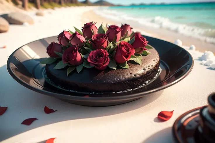 delicate scene,depth of field, 8K, The ivory sky,white clouds,and sunlight shine on the snow-white beach. The coral sea,and many colorful tinny shells on the beach,red roses, roses focus,, (masterpiece,best quality:1.5)
