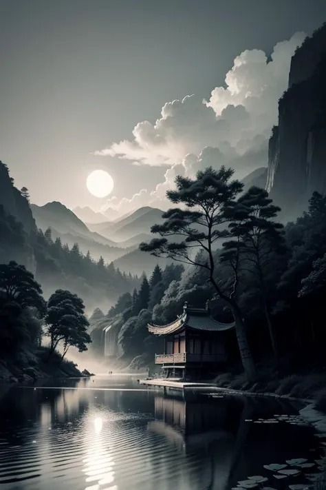 masterpiece,best quality,Chinese martial arts style,an asian night scene with lanterns and water lilies,asian pond with many lanterns and boatsa night scene with many lights and boats in the water, Lake surface, lotus flowers,beautiful night scene,(((Chinese martial arts style))), with vast sky, continuous mountains and steep cliffs, ink wash style, outline light, atmospheric atmosphere, depth of field, mist rising, bamboo, pine trees, octagonal stone pavilion, waterfall flowing water,big full moon,(No color) , Monochrome, light color,, (masterpiece,best quality:1.5)