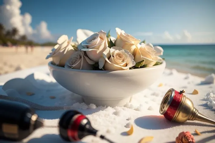 delicate scene,depth of field, 8K, The ivory sky,white clouds,and sunlight shine on the snow-white beach. The coral sea,and many colorful tinny shells on the beach,red roses, roses focus,, (masterpiece,best quality:1.5)