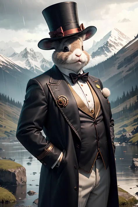 fat rabbit, high hat, monocle, vest, long coat, mountains background, rain, landscapes