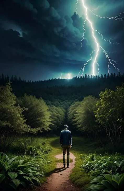 a man standing in the middle of a forest, a detailed matte painting by mike beeple winkelmann, behance contest winner, magical realism, lovecraftian, concept art, reimagined by industrial light and magic, kkw-el-Lightning, kkw-el-grass