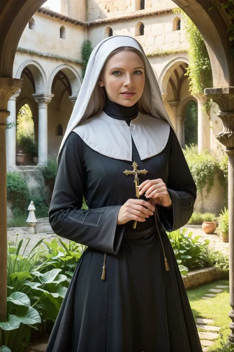 UHD, 4k, ultra detailed, cinematic, a photograph of Photorealism <lora:AnnaTorvSDXL-000008:1>, 40yo AnnaTorvSDXL wearing nun outfit, in a magical garden in an old medieval monastery, masterpiece, award wininng, UHD, Photorealism, often for highly detailed representation, photographic accuracy, or visual illusion., epic, beautiful lighting, inpsiring