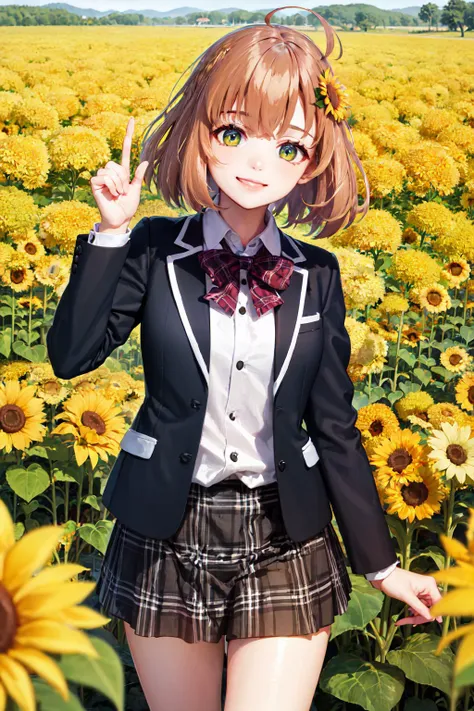 (masterpiece, best quality:1.2), <lyco:nijisanji_honma-12:1.0>, cowboy shot, solo, 1girl, honma himawari, smile, looking at viewer, ahoge, sunflower hair ornament, school uniform, black jacket, plaid skirt, sunflower field