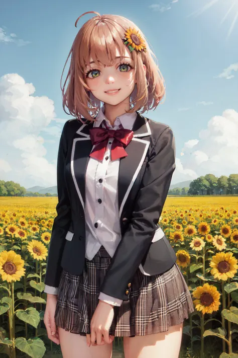 (masterpiece, best quality:1.2), <lyco:nijisanji_honma-12:1.0>, cowboy shot, solo, 1girl, honma himawari, smile, looking at viewer, ahoge, sunflower hair ornament, school uniform, black jacket, plaid skirt, sunflower field