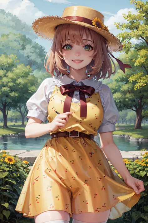 (masterpiece, best quality:1.2), <lyco:nijisanji_honma-12:1.0>, cowboy shot, solo, 1girl, honma himawari, smile, looking at viewer, sunflower hair ornament, hat, yellow dress, bowtie, puffy short sleeves, thighhighs
