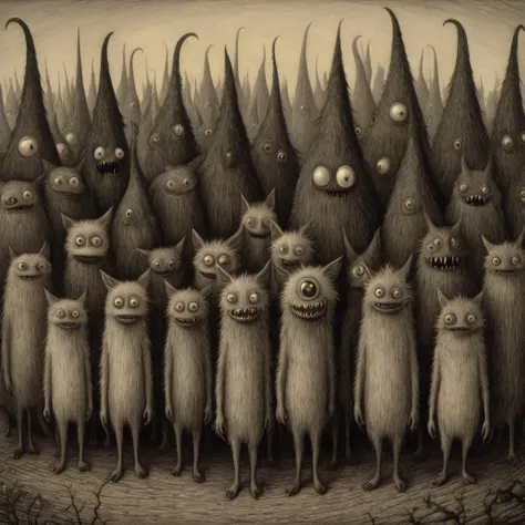 forest creatures in the style of dark humor comic prints, unsettling mood, repetition, goosepunk, changelingcore, concert poster