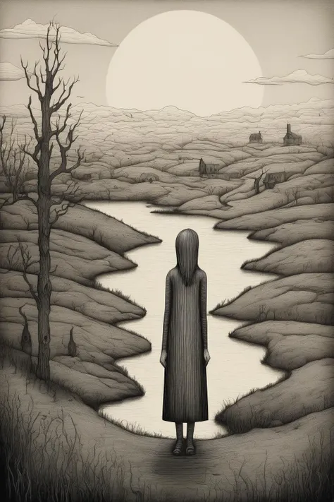 John Kenn Mortensen Style - Minimalistic Pencil drawing of a bizarre woman in a landscape, woodcut, modern, contemporary illustration. In Ragnar persson style.