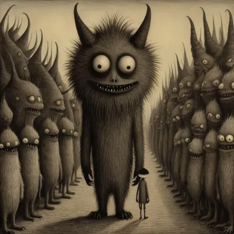 a photo of<lora:John Kenn Mortensen Style:1> John Kenn Mortensen Style page - high resolution, a boy and a girl riding on the back of a monster