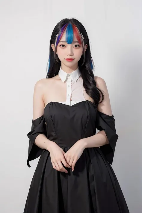 1girl, multi-colored hair with bangs, black formal long dress, white background, <lora:highsstn-02:1>