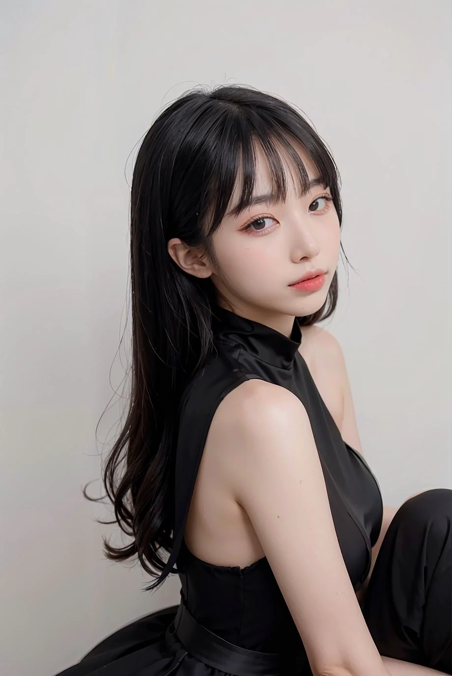 1girl, black  formal long dress,white background,    <lora:MildLaos-04:1>