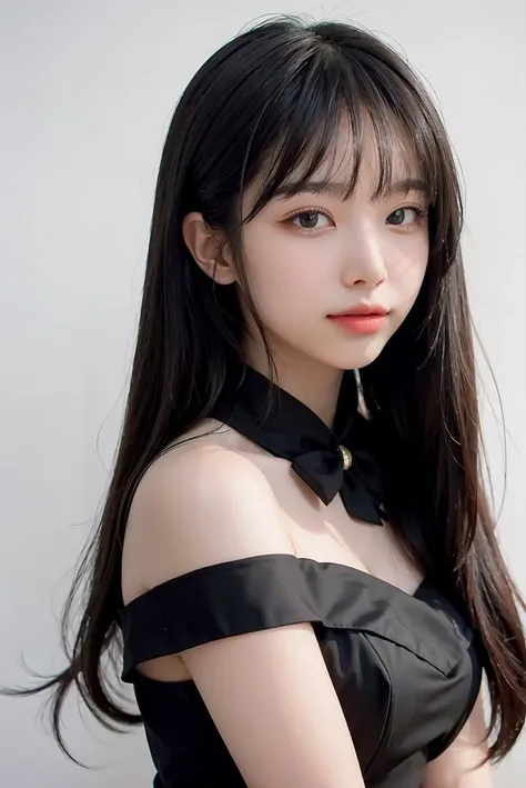 1girl, black formal dress, white background, <lora:highsstn-04:1>