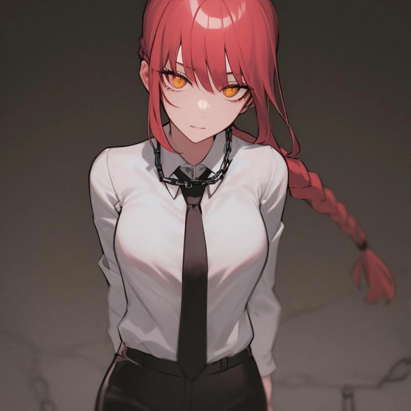 makima \(chainsaw man\), best quality, ultra detailed, 1girl, solo, standing, red hair with long braid, braided ponytail, golden eyes, bangs, medium breasts, black pants, necktie, stare,, (evil:0.7), looking at viewer, (interview:1.3), (dark background, chains:1.3) ,<lora:makimaChainsawMan_offset:0.7>