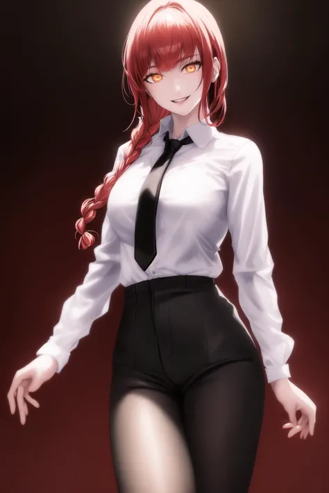 makima \(chainsaw man\), best quality, ultra detailed, 1girl, solo, standing, red hair,1 long braided hair, golden eyes, bangs, medium breasts, white shirt, black necktie, stare, smile, (evil:1.2), looking at viewer, (interview:1.3), (dark background),black pants, (photorealistic:1.4),(ringed eyes), <lora:makimaChainsawMan_offset:0.8>, best quality,ultra high res,1woman,(masterpiece, sidelighting, finely detailed beautiful eyes: 1.2),lustrous skin,glowing eyes, shiny hair,