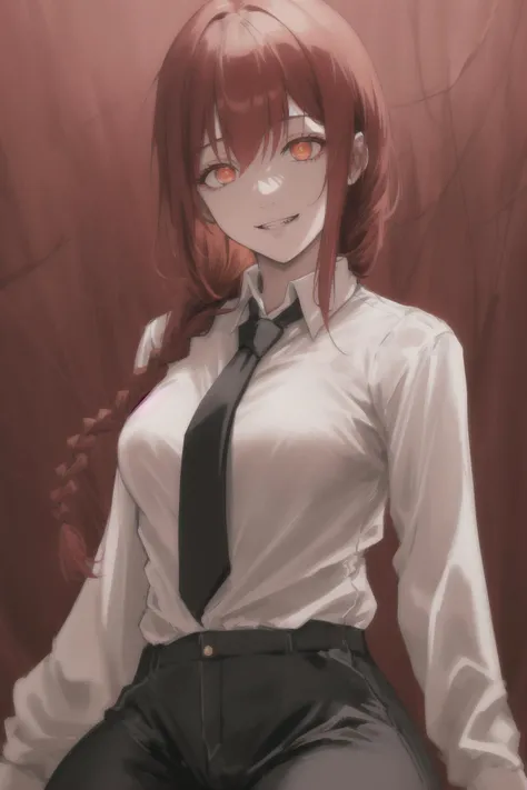 makima \(chainsaw man\), best quality, ultra detailed, 1girl, solo, standing, red hair,1 long braided hair, golden eyes, bangs, medium breasts, white shirt, black necktie, stare, smile, (evil:1.2), looking at viewer, (interview:1.3), (dark background),black pants,(ringed eyes), <lora:makimaChainsawMan_offset:0.8>, best quality,ultra high res,1woman,(masterpiece, sidelighting, finely detailed beautiful eyes: 1.2),lustrous skin,glowing eyes, shiny hair, 2 arms, painting, portrait,