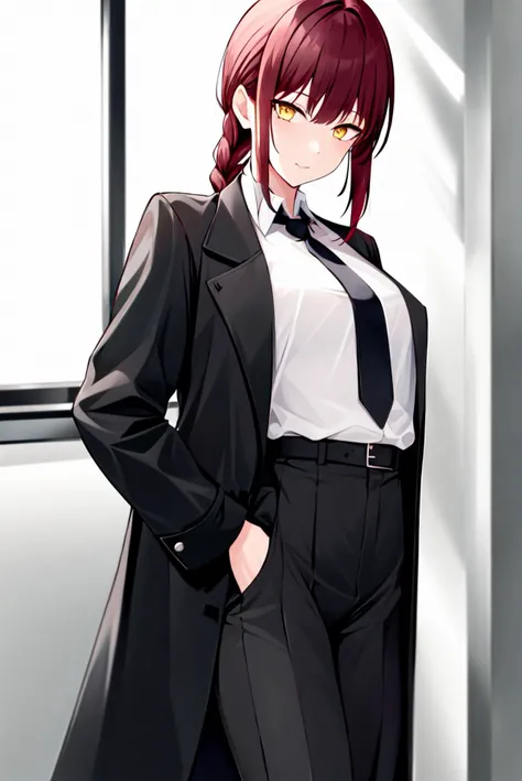 makima \(chainsaw man\), 1girl, bangs, black coat, black necktie, black pants, blood, blood in hair, blood on clothes, blood on face, braid, braided ponytail, business suit, chainsaw man, coat, collared shirt, formal, high-waist pants, highres, indoors, looking at viewer, necktie, office lady, pants, red hair, shirt, shirt tucked in, solo, suit, yellow eyes <lora:makima_offset:1.4>