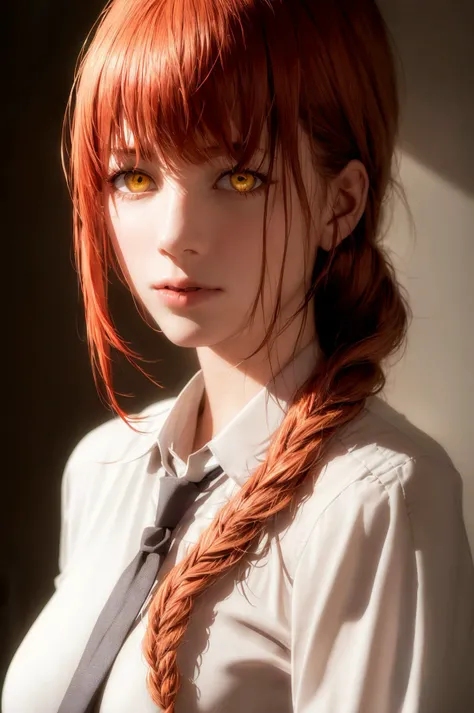 masterpiece, (photorealistic:1.4), best quality, beautiful lighting, , makima \(chainsaw man\), (red hair)+(long braided hair)+(bangs), yellow eyes, golden eyes, (ringed eyes), (white shirt), (necktie), RAW photo, 8k uhd, film grain