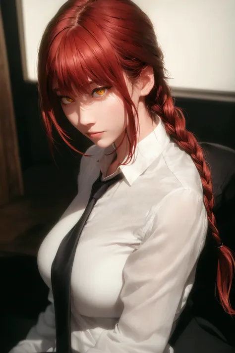 masterpiece, (photorealistic:1.4), best quality, beautiful lighting, , makima \(chainsaw man\), (red hair)+(long braided hair)+(bangs), yellow eyes, golden eyes, (ringed eyes), (white shirt), (necktie), RAW photo, 8k uhd, film grain