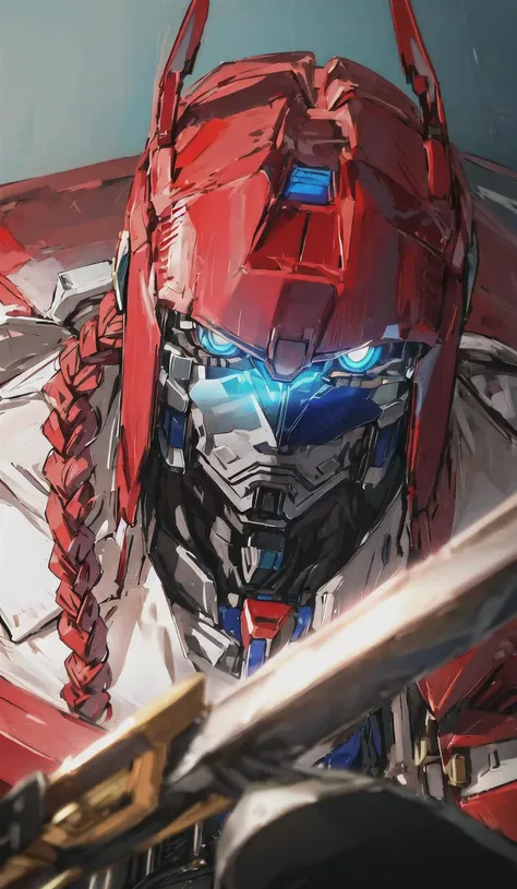 1boy, no humans, portrait of optms, glowing eyes, blue eyes, mecha, robot, volumetric lighting, best quality, masterpiece, hand painted textures, intricate details, realistic <lora:sxz-Optimus-Prime:0.8>, points with an axe, axe in hands, points to viewer with an axe, full body, stand, makima \(chainsaw man\), (red hair)+(long braided hair)+(bangs), yellow eyes, golden eyes, ((ringed eyes)), (white shirt), (necktie), RAW photo, 8k uhd, film grain <lora:makima_offset:1>