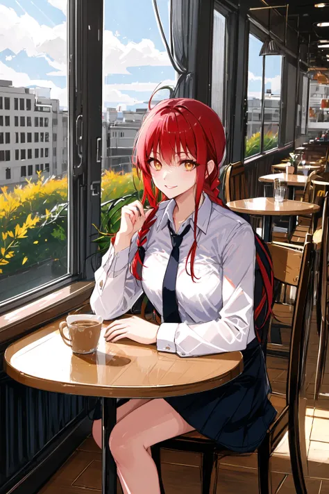 {Masterpiece}, High Quality, makima \(chainsaw man\), best quality, ultra detailed, 1girl, solo, sitting in a cafe, red hair, long braided hair, golden eyes, bangs, medium breasts, white shirt, necktie, stare, smile, (evil:1.2), looking at viewer, (interview:1.3), (cafe shop), looking out of window, <lora:makimaChainsawMan_offset:0.6>