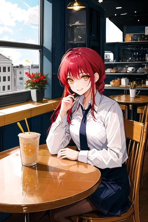 {Masterpiece}, High Quality, makima \(chainsaw man\), best quality, ultra detailed, 1girl, solo, sitting in a cafe, red hair, long braided hair, golden eyes, bangs, medium breasts, white shirt, necktie, stare, smile, (evil:1.2), looking at viewer, (interview:1.3), (cafe shop), looking out of window, <lora:makimaChainsawMan_offset:0.6>