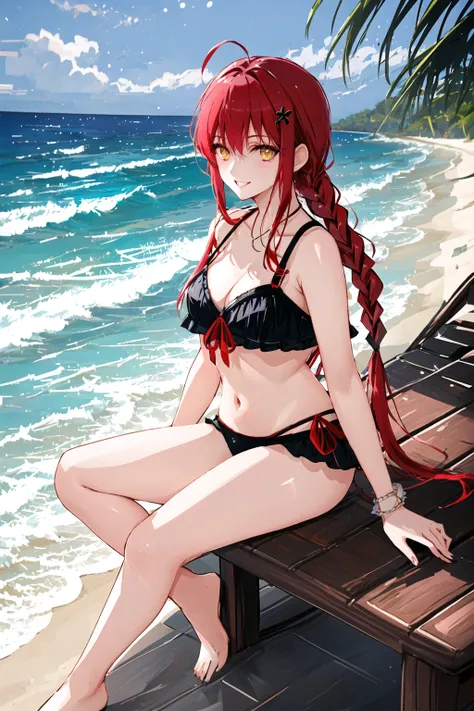 {Masterpiece}, High Quality, makima \(chainsaw man\), best quality, ultra detailed, 1girl, solo, sitting at the beach, red hair, long braided hair, golden eyes, full body, bikini, alternate costume, stare, smile, (evil:1.2), looking at viewer, (beach), <lora:makimaChainsawMan_offset:0.6>