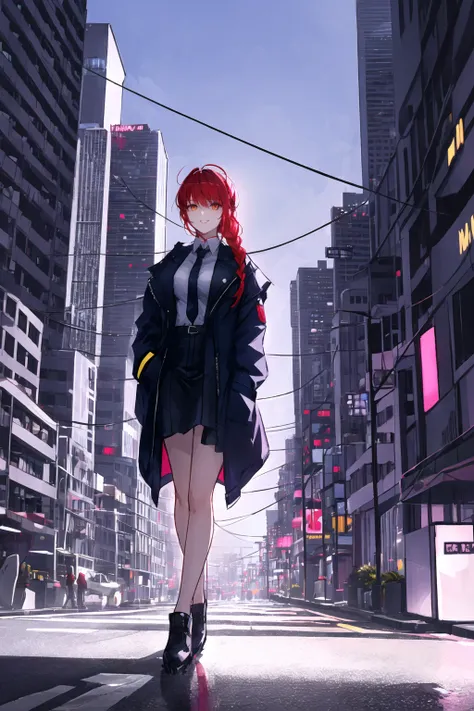 {Masterpiece}, High Quality, makima \(chainsaw man\), best quality, ultra detailed, 1girl, solo, walking through a city, red hair, long braided hair, golden eyes, full body, walking, hands in pockets, bangs, medium breasts, white shirt, necktie, stare, smile, (evil:1.2), looking at viewer, (cyberpunk city), <lora:makimaChainsawMan_offset:0.6>