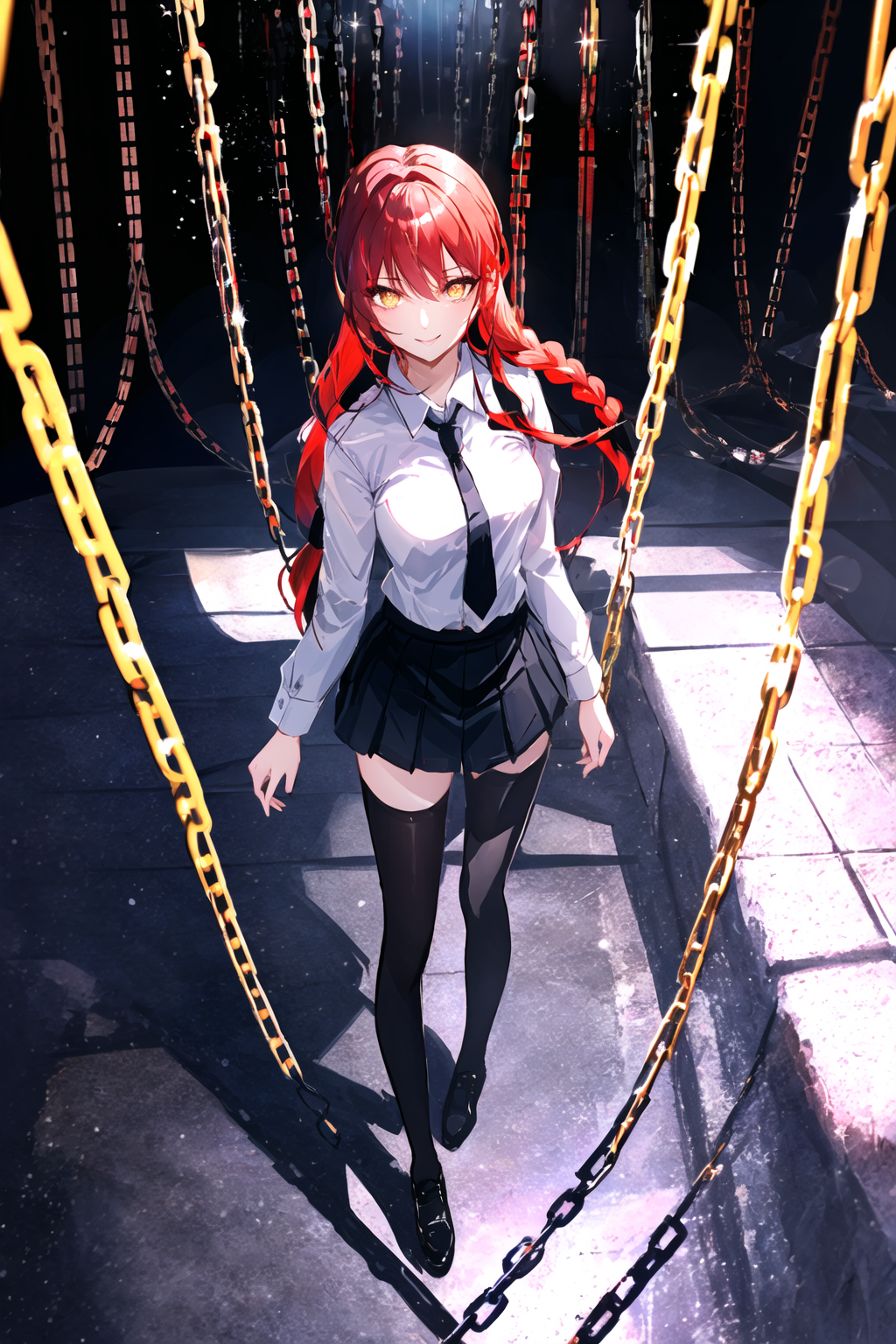 Anime girl with red hair and black skirt standing in a swing - SeaArt AI