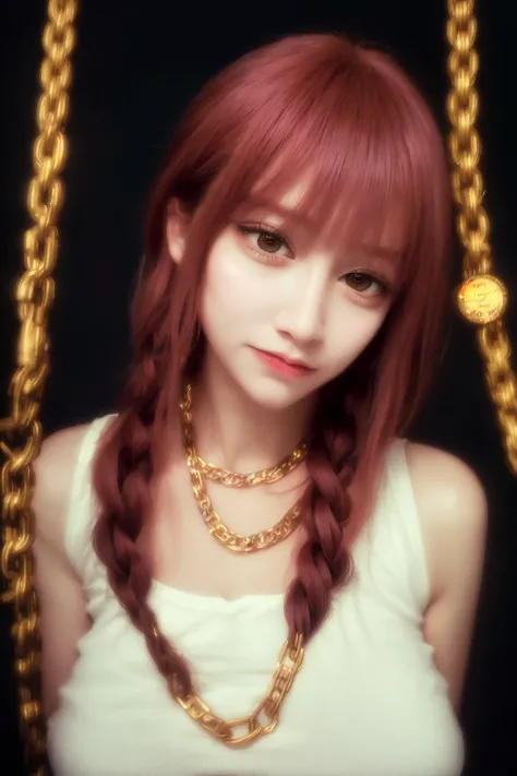 masterpiece, best quality,, makima \(chainsaw man\), ultra detailed, 1girl, solo, standing, red hair, long braided hair, golden eyes, bangs, medium breasts, white shirt, necktie, stare, smile, (evil:1.2), looking at viewer, (interview:1.3), (dark background, chains:1.3), large breasts, <lora:makimaChainsawMan_1:0.8> <lora:koreanDollLikeness_v10:0.5>